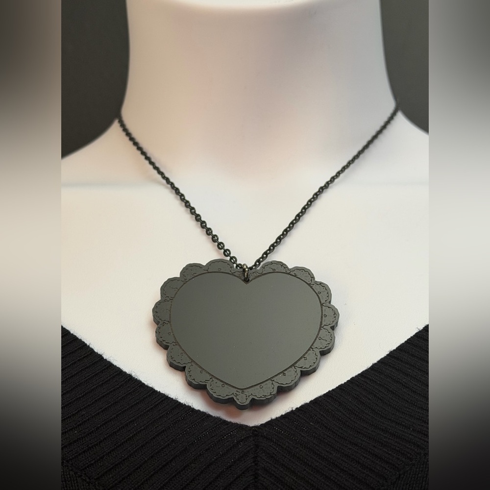 Scalloped Lace Black Heart Engraved Acrylic Black Chain Necklace 18” Chain